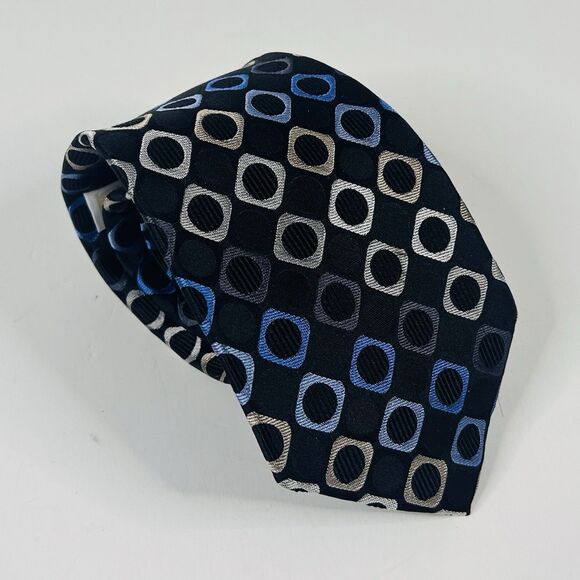 Michael Kors 100% Silk Necktie Tie Geometric Black Blue Silver 3 1/2 x 60 - Picture 1 of 3